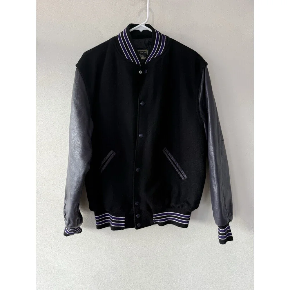 Vintage Leather Varsity Jacket Men Medium Black Wool Holloway Letterman Made USA